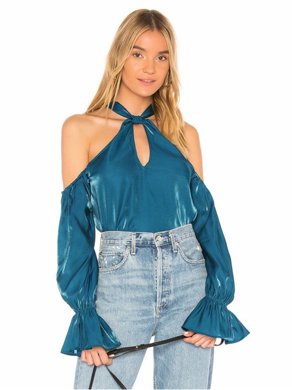 Tularosa Emerald Satin Cold-Shoulder Halter Tie Blouse